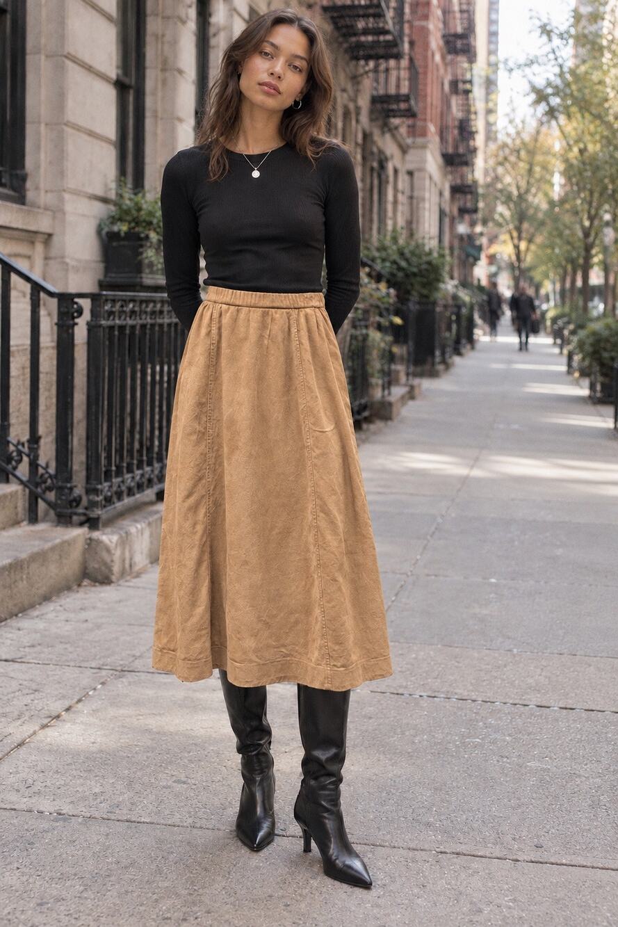 Vintage Camel Suede Midi Skirt XS High Waist Minimalist 70s